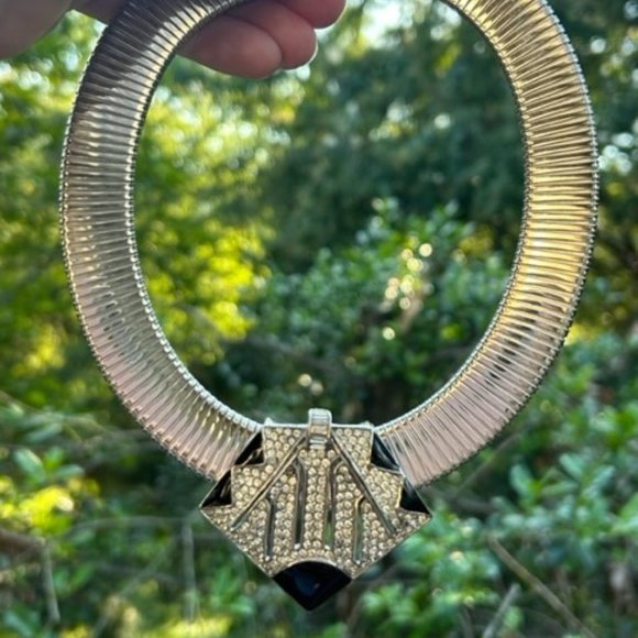 VTG CINER Silver Wide Omega Choker Rhinestone Black Enamel Pendant NECKLACE - Picture 4 of 9